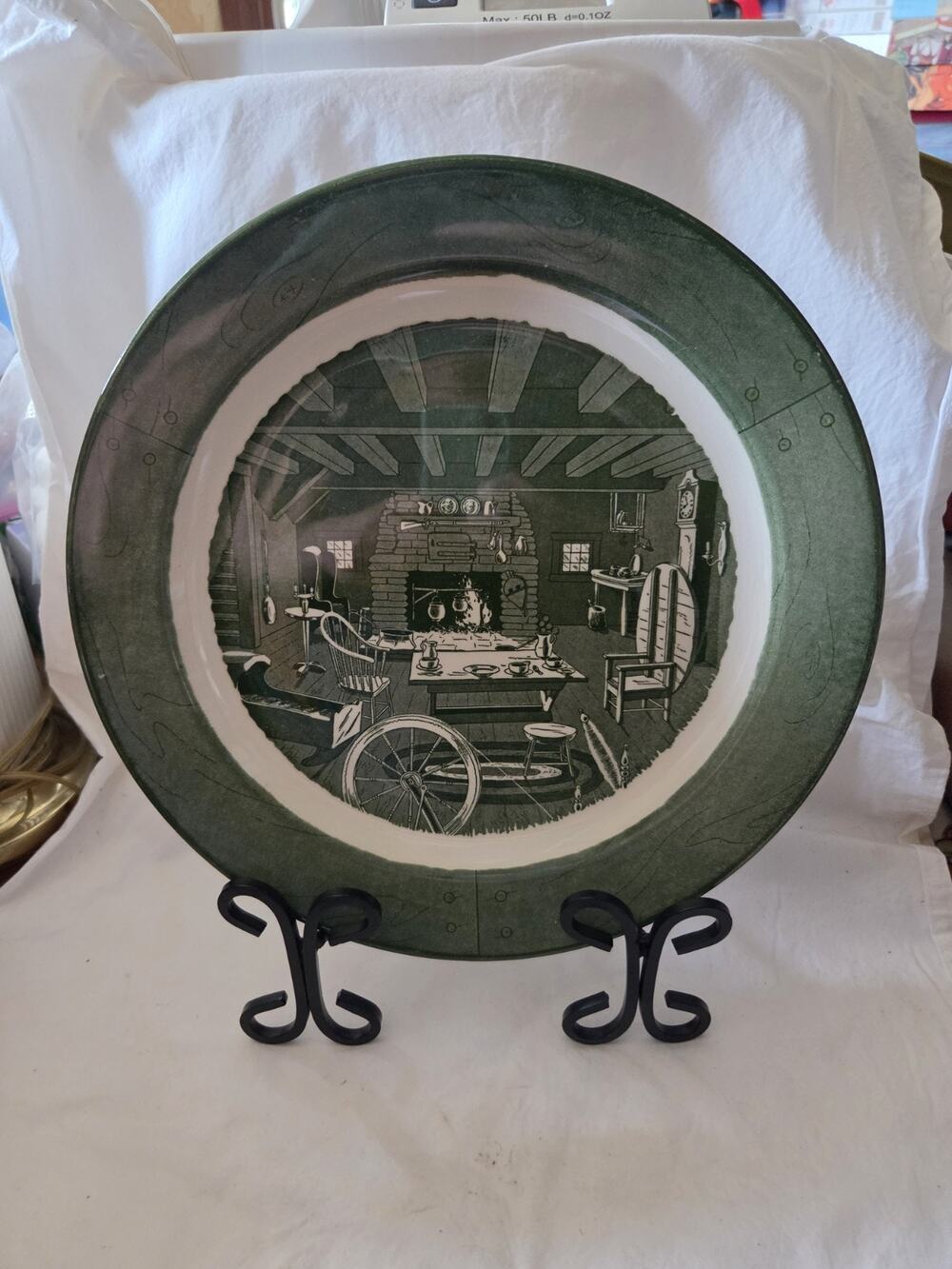 COLONIAL HOMESTEAD by Royal Large Round Green Platter 13" Vintage 1950s USA